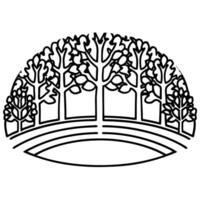 Decorative forest silhouette with stylized trees and circular ground elegant black outline illustration, nature theme vector