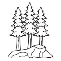 Evergreen pine trees with rocks, simple black and white outline for coloring and nature education vector