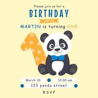 Cute panda first birthday invitation card template for a boy. vector