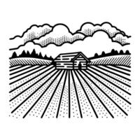 Rustic log cabin on countryside field with clouds and trees rural farm landscape, vintage nature scene illustration vector