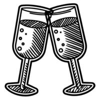 Clinking champagne glasses celebration toasting wine glass outline, festive sketch, drink cheer, anniversary event vector