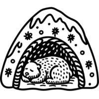 Hibernating bear sleeping safely inside snowy cave winter animal resting in cozy den surrounded by snowflakes vector