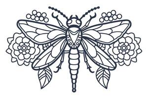 Detailed dragonfly line art with blooming flowers nature inspired insect illustration with botanical elements vector