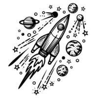 retro rocket ship exploring outer space, surrounded by planets, stars, meteors, and cosmic elements in black and white vector