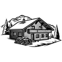 Mountain cabin illustration with woodpile, pine trees, and mountain backdrop in rustic countryside scenery vector