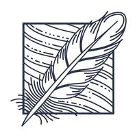 Feather illustration elegant single quill with decorative lines, minimalist vintage symbol, hand drawn ink art vector