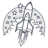 Rocket launch with stars and clouds space shuttle blasting off, outline illustration of astronautics adventure vector