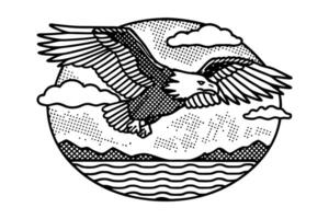 Majestic eagle soaring over mountains and water bold black and white illustration with clouds and dramatic scenery vector