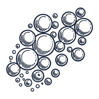 Cluster of hand drawn soap bubbles cleanliness and freshness concept with round floating shapes, white background
