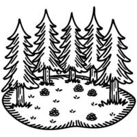 Hand drawn pine tree forest background black and white woodland landscape with coniferous trees, nature illustration vector