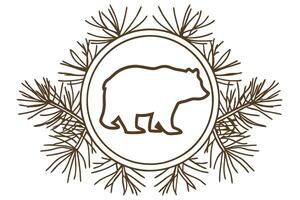 Bear outline in circular frame with pine branches wildlife animal silhouette, rustic nature symbol illustration vector