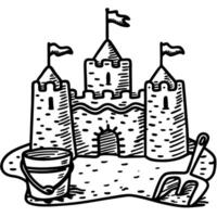 Sandcastle with flags, bucket and spade hand drawn outline illustration for summer beach activities, kids fun play vector