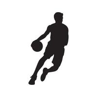 Silhouette of a basketball player dribbling, airborne with the ball, leaping to shoot, dynamic action pose vector
