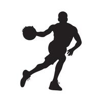 Silhouette of a basketball player dribbling, airborne with the ball, leaping to shoot, dynamic action pose, Illustration vector