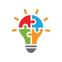 Colorful lightbulb with puzzle Icon Logo, symbolizes idea generation, innovative thinking creative solutions, and problem solving. vector