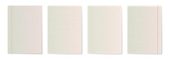 Set of realistic paper sheets with various grid patterns graph, ruled, and dotted. Ideal for school, office, bullet journal, and stationery designs. Perfect for notes, planners, and background vector