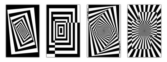 Intense black and white illusions with radiating squares, cubes, and hypnotic vortexes. Perfect for eye-catching posters and digital installations. vector
