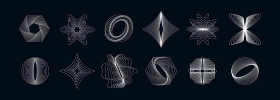 Set of modern abstract geometric shapes. Futuristic wireframe designs with flowing lines and dynamic forms. Ideal for technology, digital art, UI UX, and contemporary graphic projects. vector