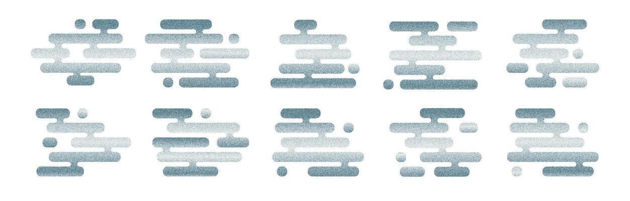 Set of abstract Japanese clouds in stippled style. Modern halftone dot texture, minimalist shapes inspired by Asian art and traditional patterns. Ideal for contemporary design, backgrounds