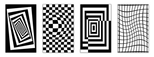 Op art bundle featuring warped frames, expanding grids, and optical vortex effects. Ideal for print design, branding, and futuristic digital visuals. vector