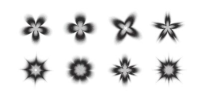 Set of abstract stippled sparkle elements. Halftone dot texture creates unique star, flower, and burst shapes. Ideal for modern, y2k, festive, or magical design accents and effects. vector
