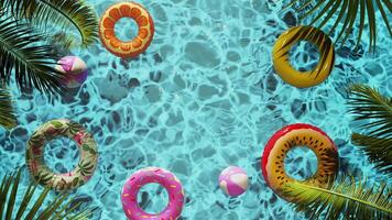 Loop Multiple Colorful Lifebuoys in Tropical Pool video