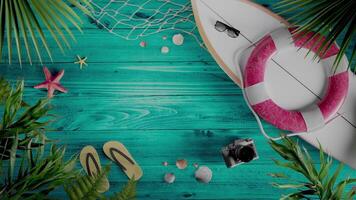 Summer Beach Items on Turquoise Wooden Background in Seamless Loop Animation video