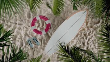 Loop Top View Animation of Tropical Beach with Surfboard, Lifebuoy and Flip-Flops video