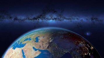 A looped rotation of planet Earth in space, glowing with night lights, with the Milky Way galaxy in the background. 3D rendering. Elements of this image courtesy of NASA. video