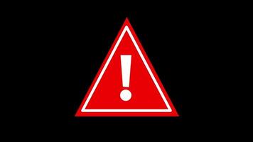 Glowing red alert triangle with exclamation mark on black background. Bold warning animation perfect for overlays, error screens, or digital alert graphics. video