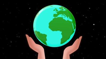 Animated Earth held by hands with flying star background. Bright flat style ideal for eco campaigns, global unity themes, or environmental awareness intros. video