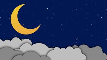 Cartoon crescent moon in starry night sky with flat animation and layered gray clouds. Ideal for bedtime intro, night overlay, or calming social media visuals. video