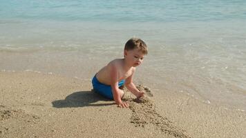 Little boy playing on sandy beach in summer video