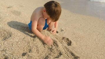 Summer resort, family vacation. Small boy playing with sand on sea beach in summer video