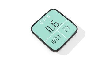 GPS Cycling Computer on a White Floor. Bicycle Speedometer Odometer 3D. 4K video