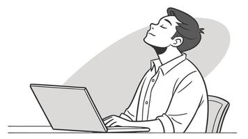 A man is sitting at a desk with his laptop vector