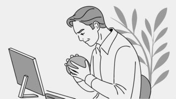 A man is sitting at a desk with a computer vector