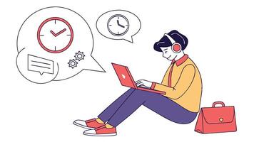 A woman sitting on the floor with a laptop and a clock vector