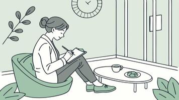A woman sitting in a chair with a notebook and a clock vector