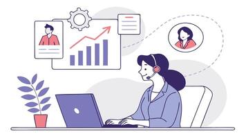 Call center agent working on laptop with phone on desk vector