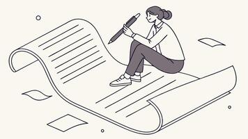 A woman is sitting on a piece of paper with a pen vector