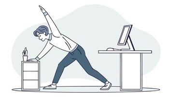 Man doing yoga at desk with computer vector