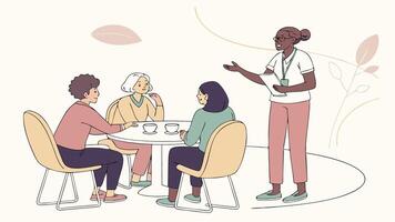 An illustration of a woman talking to people at a table vector