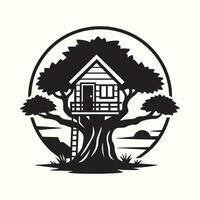Black and White Treehouse Illustration in Circular Frame Landscape Setting vector