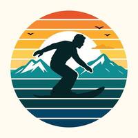 Retro Sunset Snowboarder Silhouette Teal Mountains Graphic T Shirt Print vector