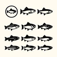 Twelve Black and White Fish Illustrations Different Sizes and Stripes monochrome vector