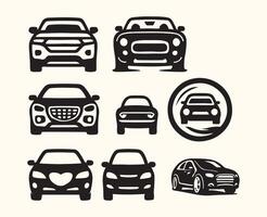 Black and White Car Icons Set Front View Different Models S U V Sedan Hatchback cars vector