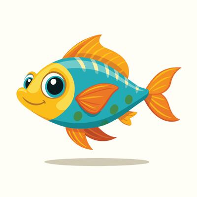 Cute Cartoon Fish Teal Yellow Orange Fins Swimming White Background cute fish teal fish