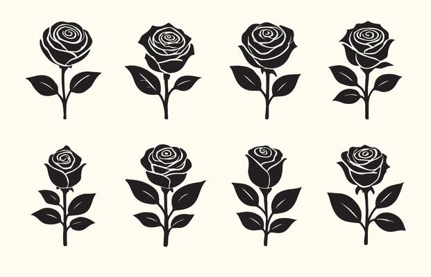 Eight Black Silhouette Roses with Leaves Various Sizes Floral Set silhouettes