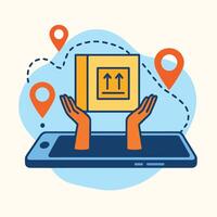 Orange Hands Holding Yellow Package Above Smartphone Screen with Location Pins and Dashed Lines vector